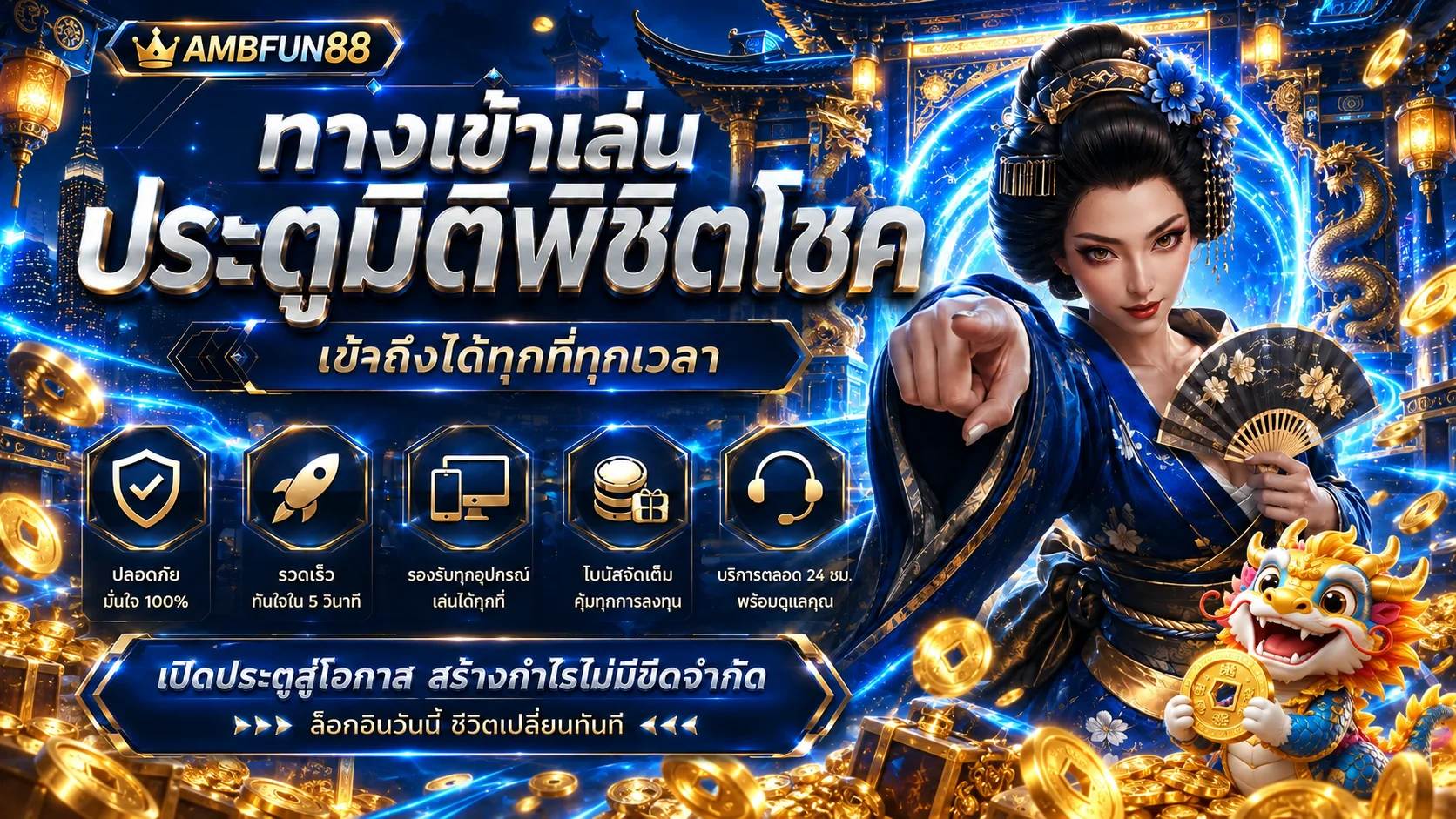 ทางเข้าเล่นสล็อต AMBFUN88 พร้อมตัวละครเกมและประตูพรีเมียม